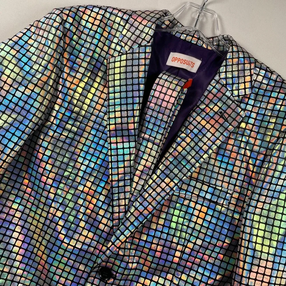 OppoSuits Disco Silver Holographic 3-Piece Suit Blazer Size 36 Pants 32x32 Tie